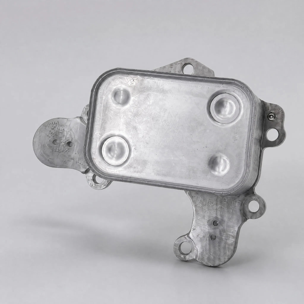Automotive oil cooler component three-quarter view